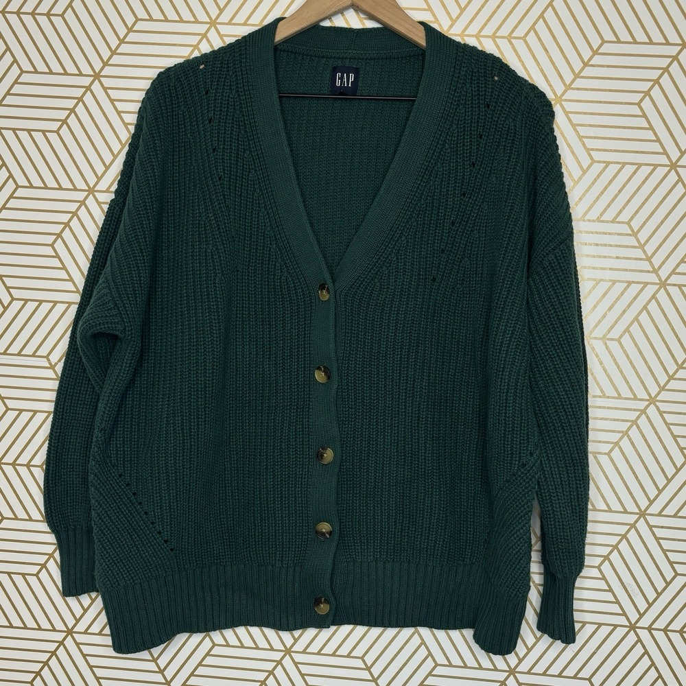 Gap Cable Knit Cardigan Forest Green V Neck 90s Chunky Sweater Medium Oversized